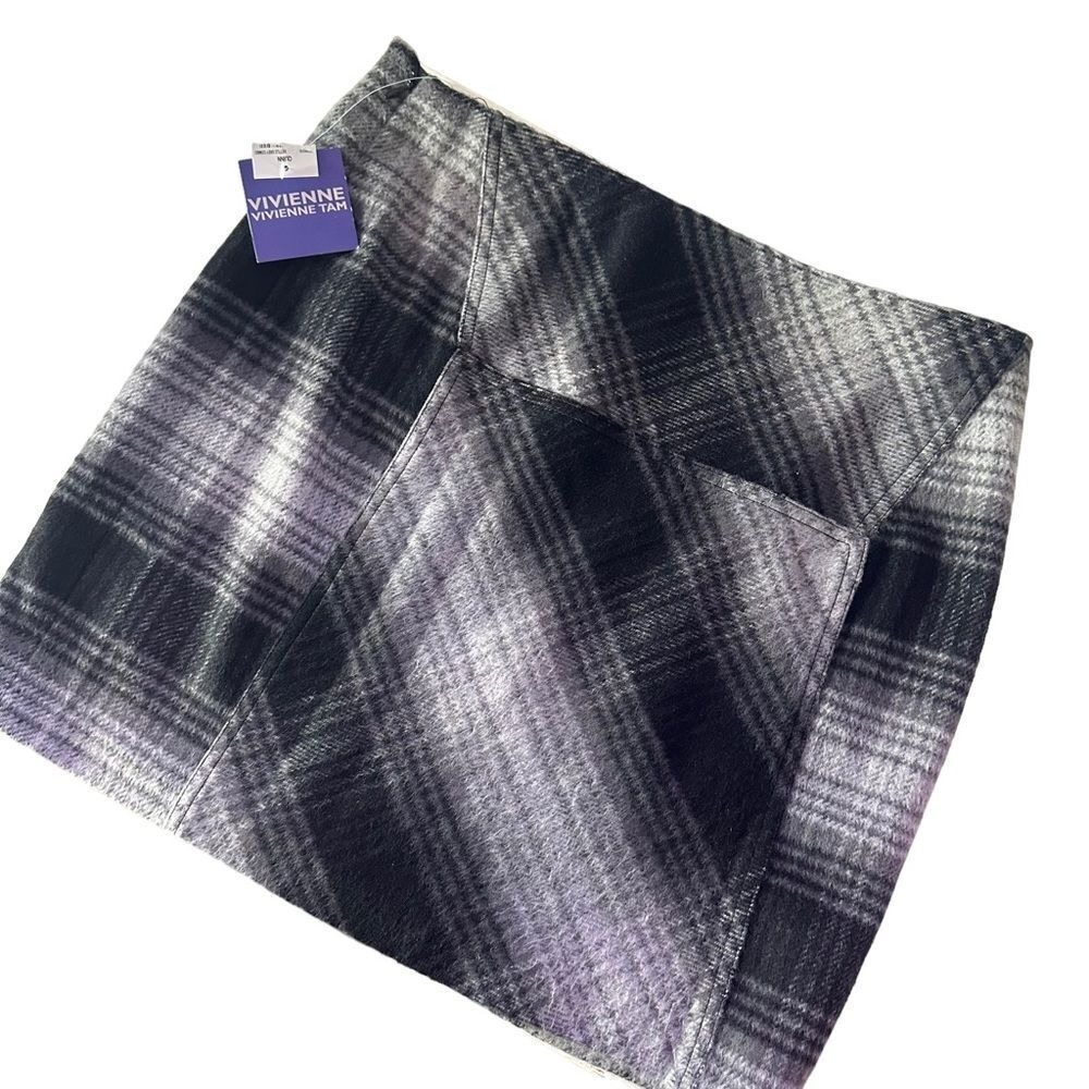 Dark Academia Wool Plaid Mini Skirt Black Gray Asymmetricalโ Grunge 90s Size 8